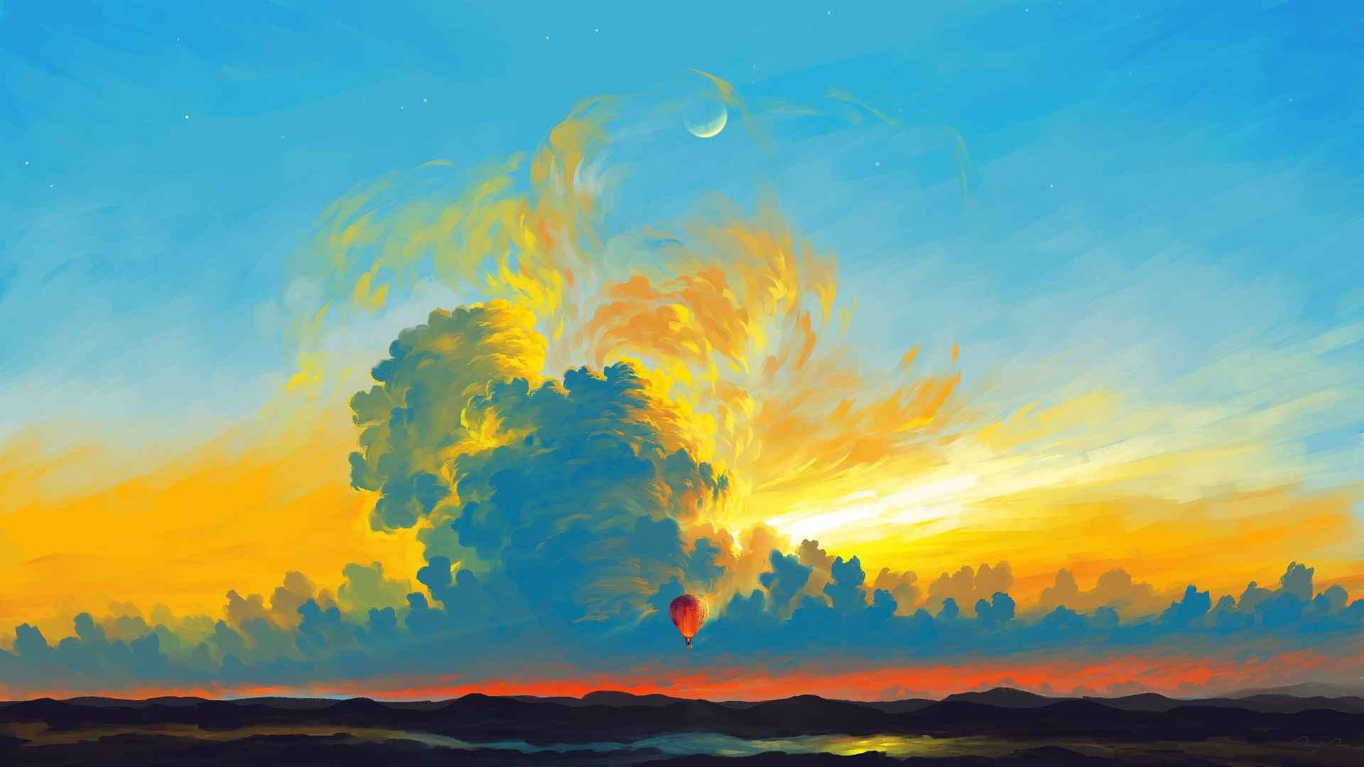 手绘，热气球，云彩，远山 梦幻 唯美插画壁纸图片-