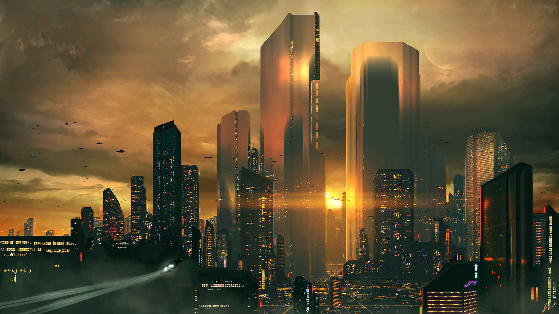 城市夜景黄昏未来科技2K壁纸-