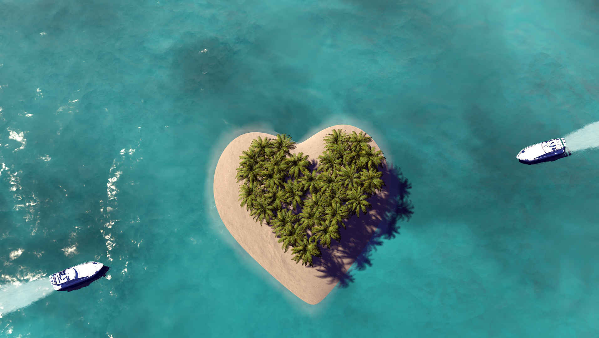 心形海滩椰子树游艇5K壁纸-