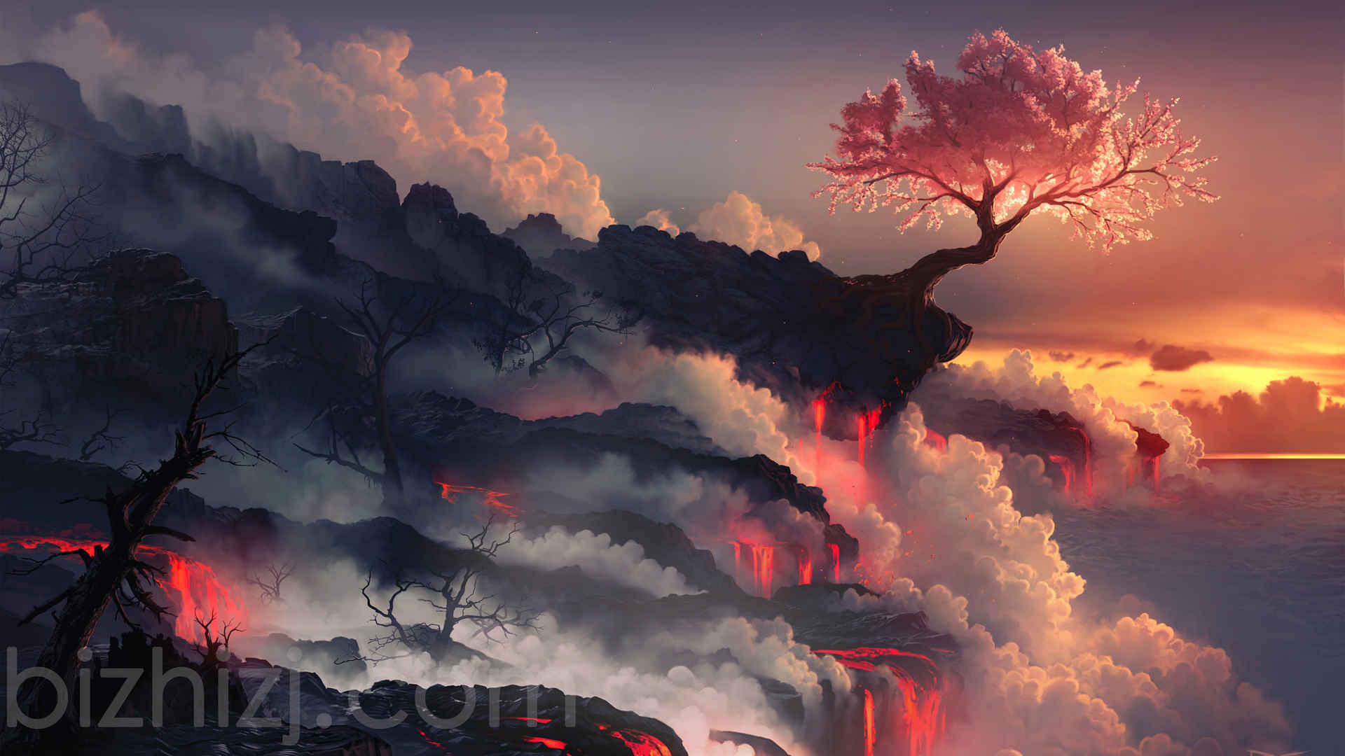 天空 云 火山 树 唯美艺术 4K壁纸-