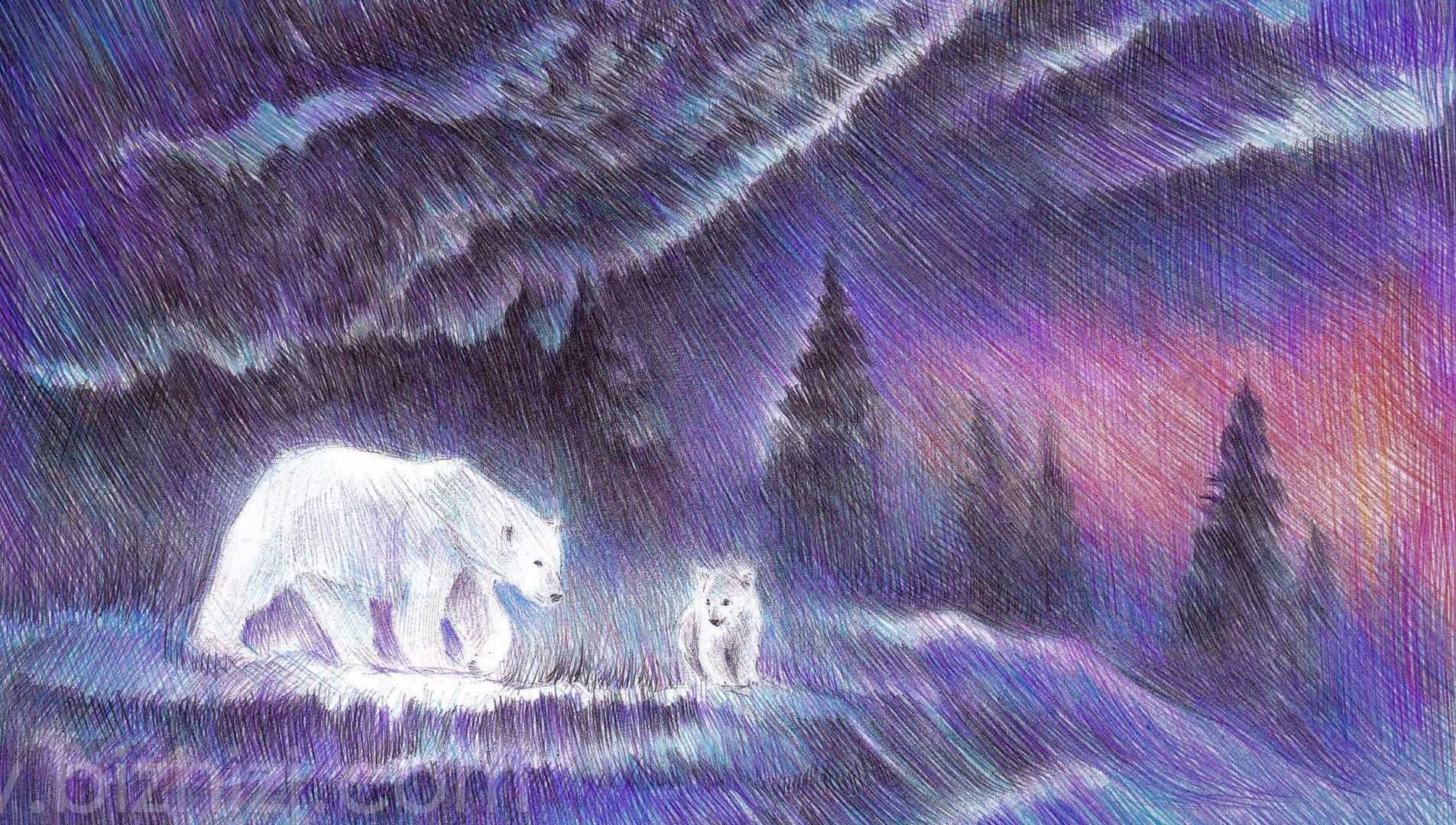 北极熊绘画壁纸蓝色系图片ins-