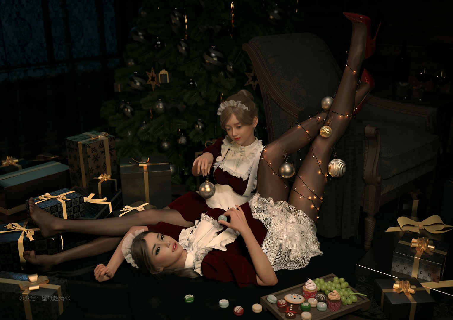 两个女仆 美腿 黑丝袜 圣诞节 圣诞树 圣诞礼物4k动漫壁纸-