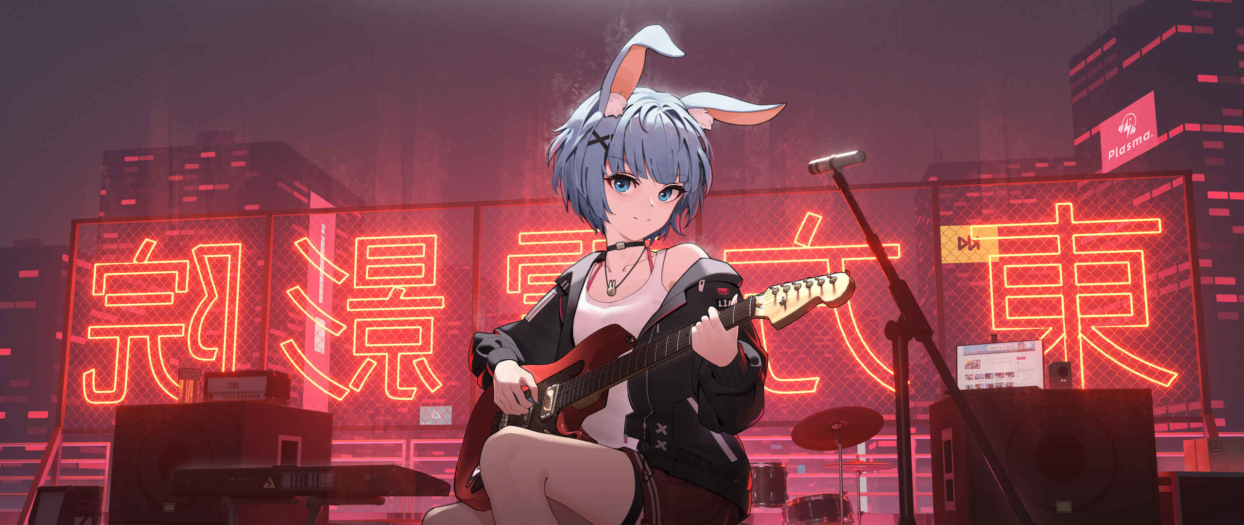 弹吉他的动漫女孩 兔女郎壁纸-