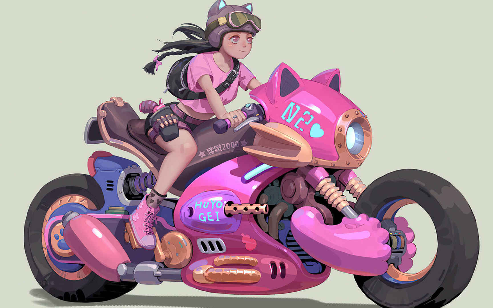骑粉摩托车的动漫女孩电脑壁纸