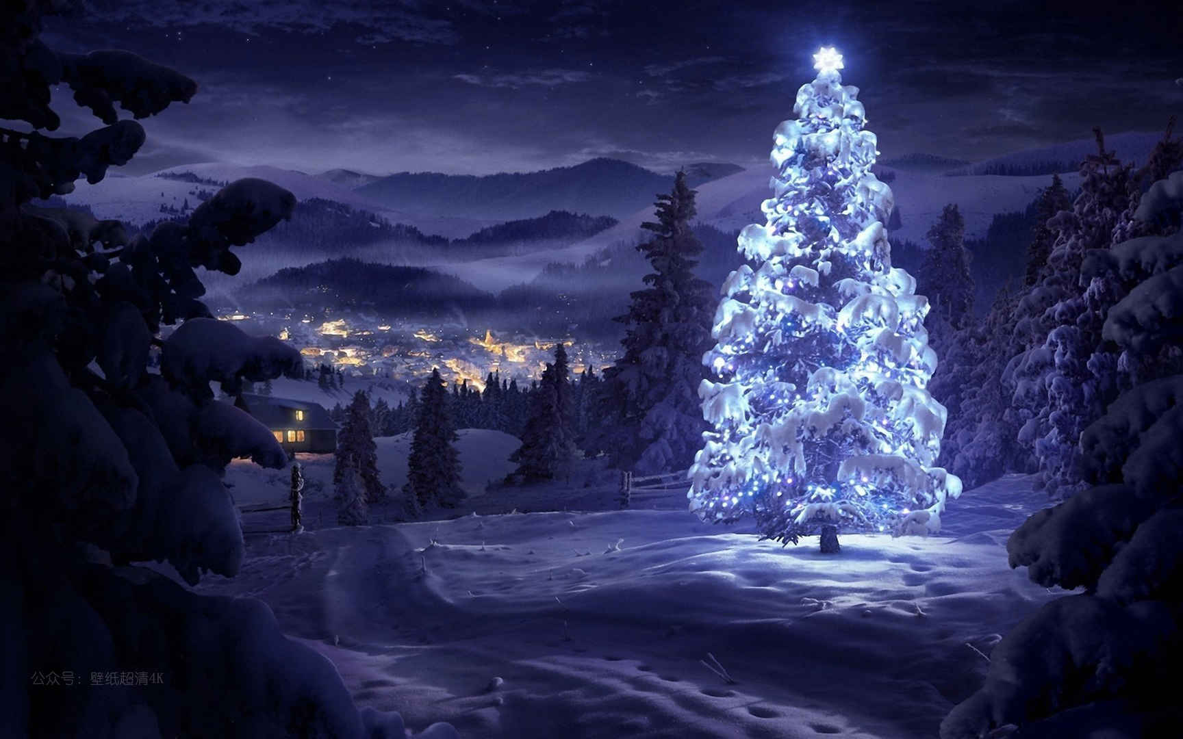冬季村庄风景发光圣诞树壁纸图片