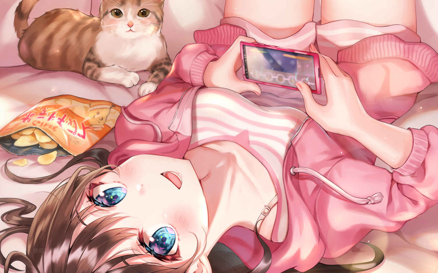 打游戏的动漫女孩与猫电脑壁纸图片