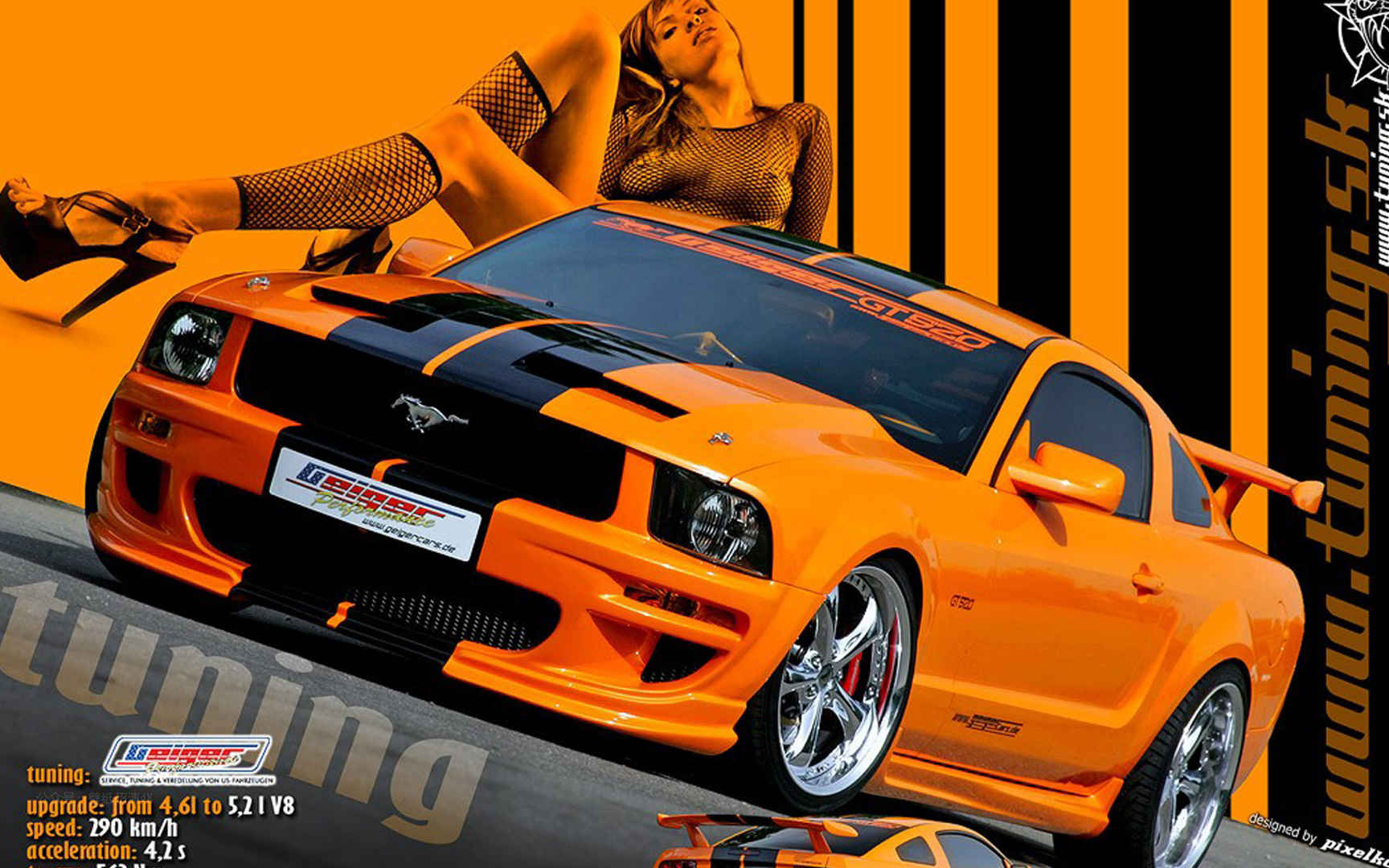 橙色汽车福特野马上的性感车模壁纸图片