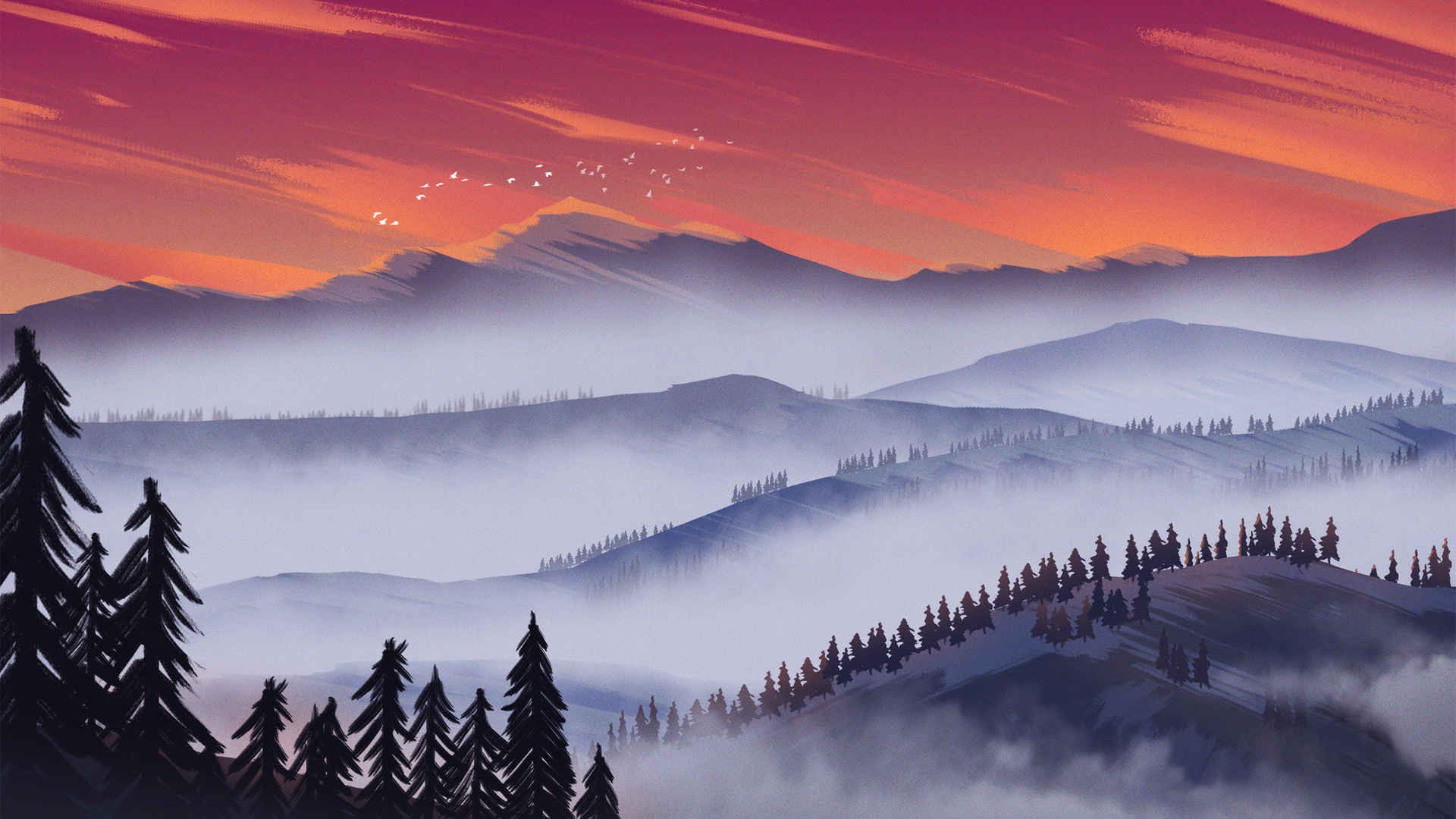 山脉 雾 风景插画壁纸