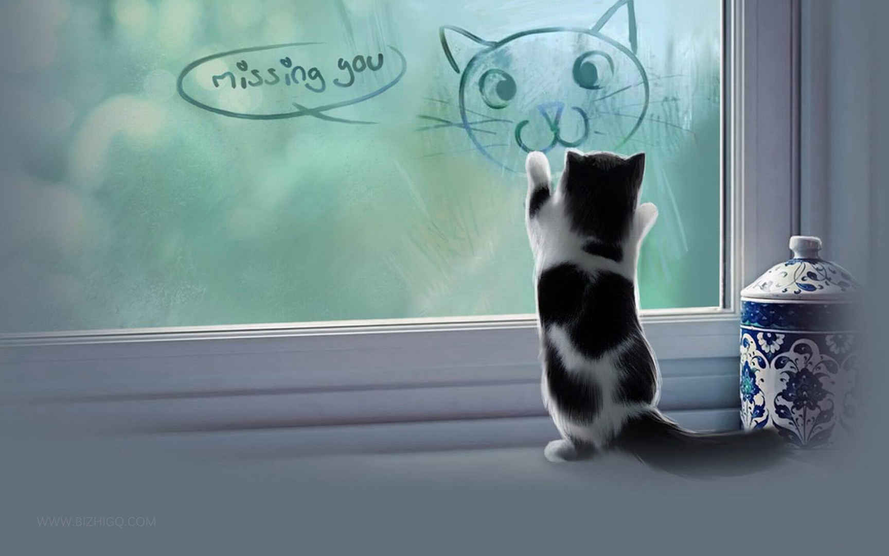 玻璃上可爱的小花猫卡通壁纸图片