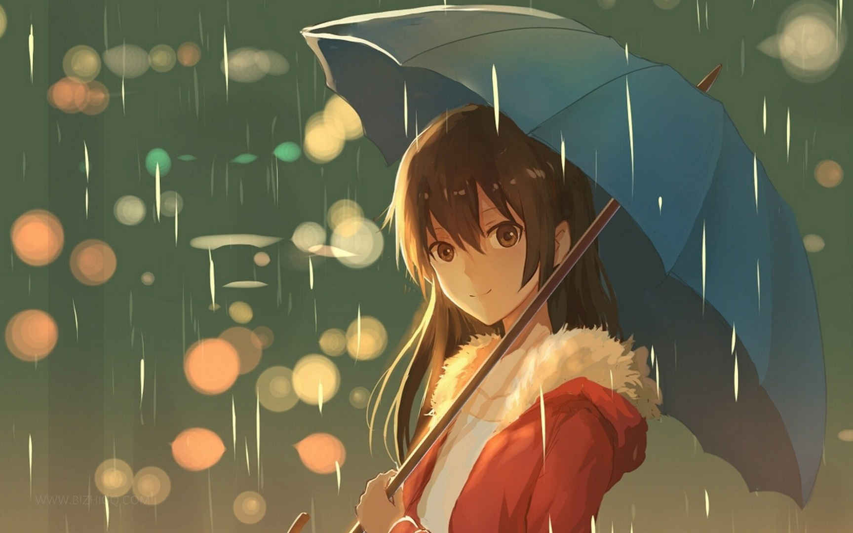 雨中撑伞的动漫女孩桌面壁纸图片