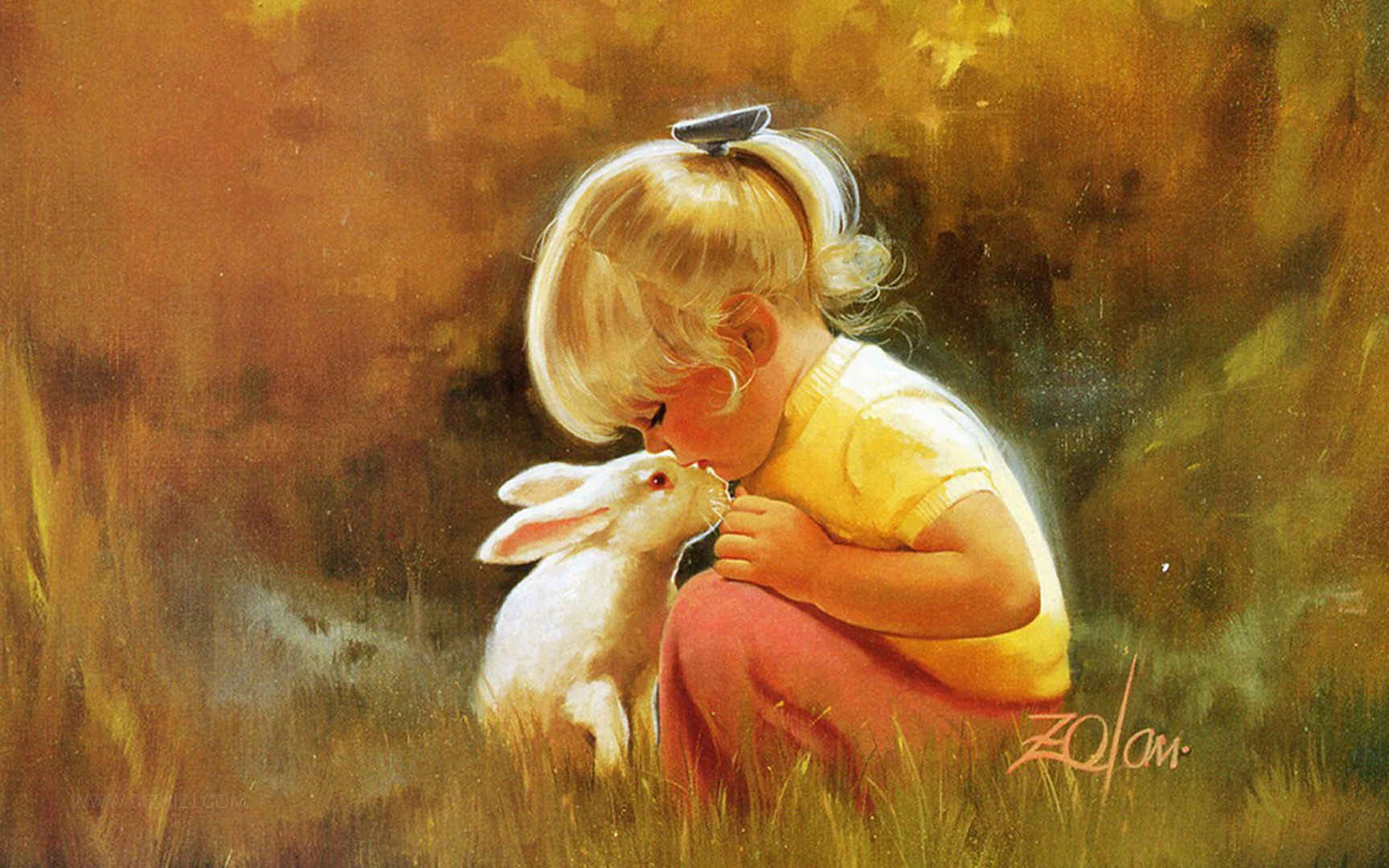 小女孩和兔子油画-