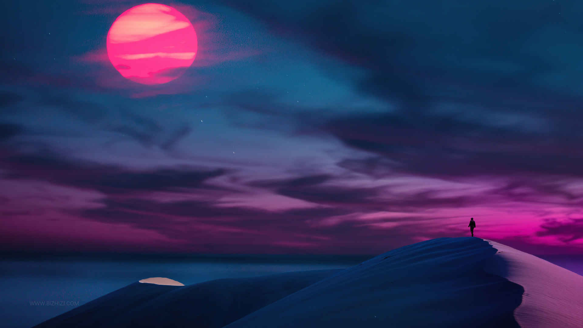 唯美紫色的天空日落景观沙漠云彩简约壁纸-