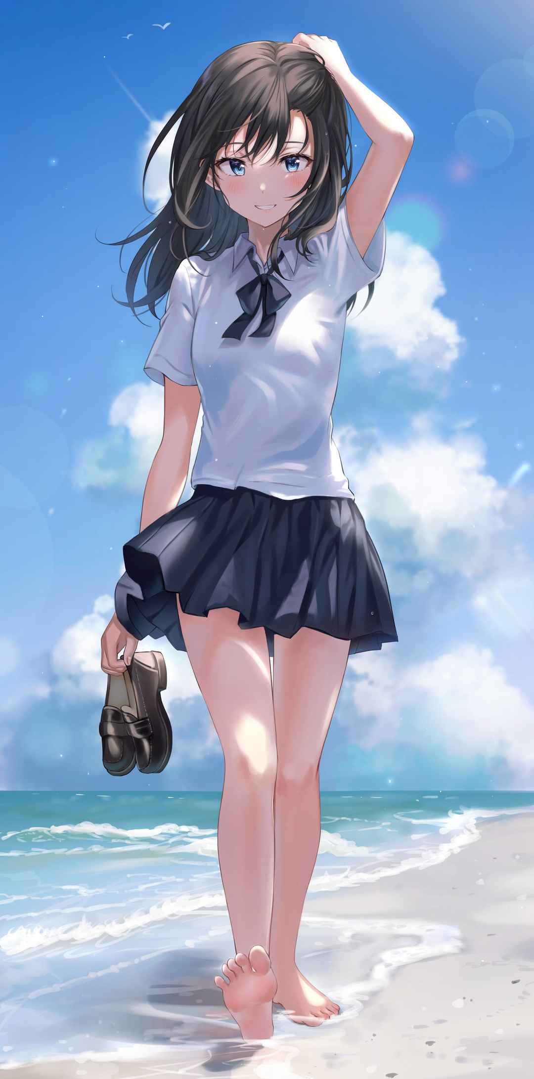 提着拖鞋右手拿烟火沙滩踏浪的日本动漫少女电脑壁纸-