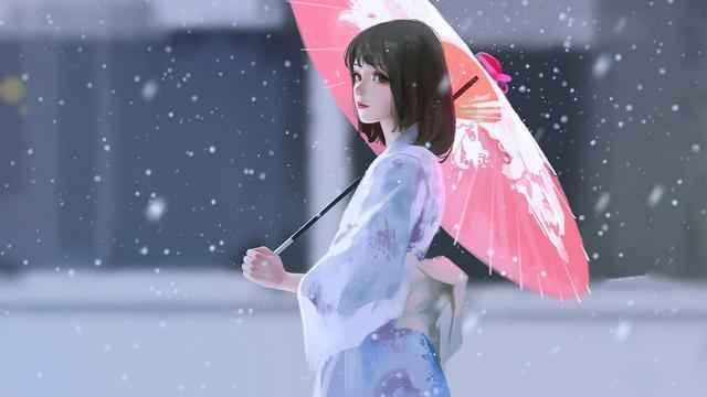 打着伞站在雪中的和服日系动漫少女桌面壁纸下载-
