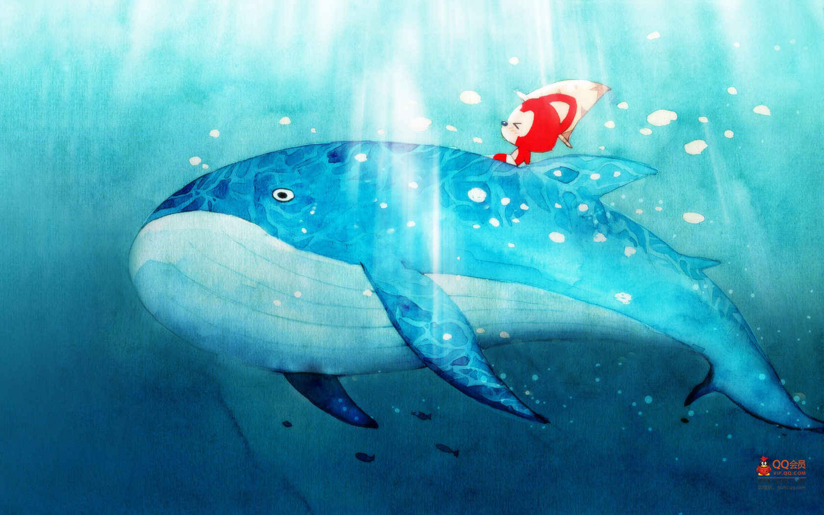 越过海面的鲸鱼，坐在海边的动漫兔女郎插画电脑壁纸-