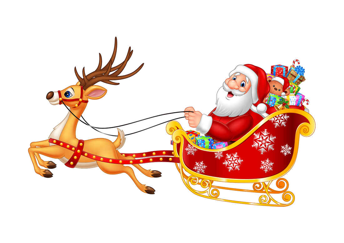 月下骑麋鹿雪橇飞行派送礼物的圣诞老人插画电脑壁纸-