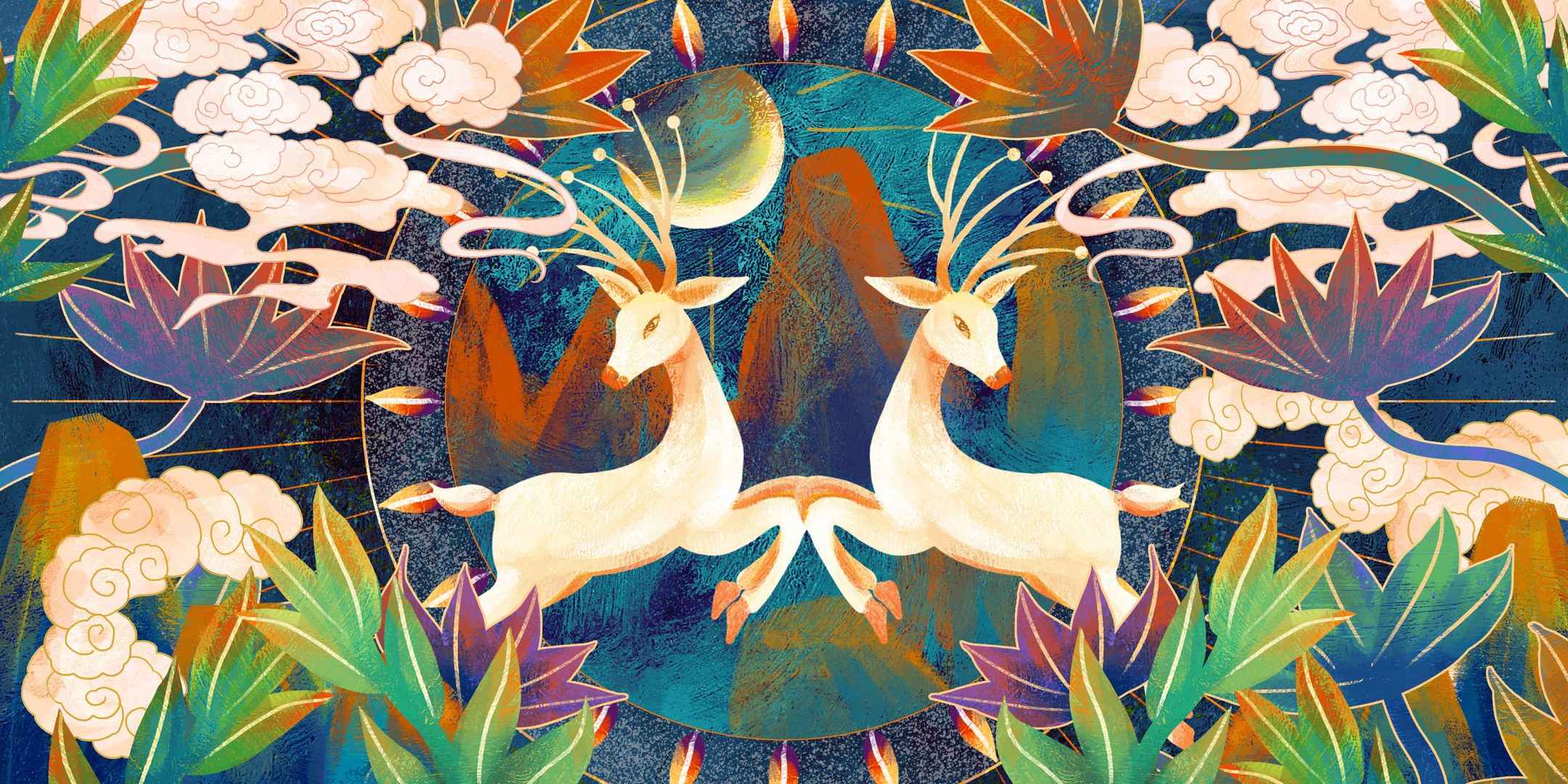 麋鹿 中國風 森林 浮世繪壁纸