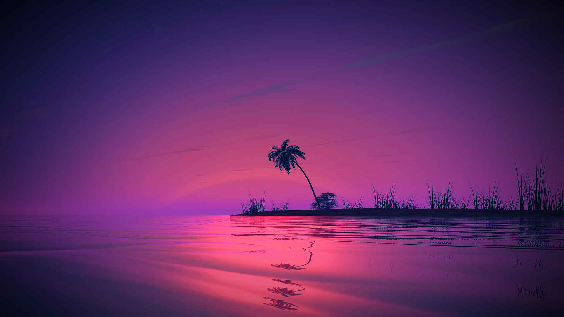 海滩棕榈湾夕阳动漫风景壁纸