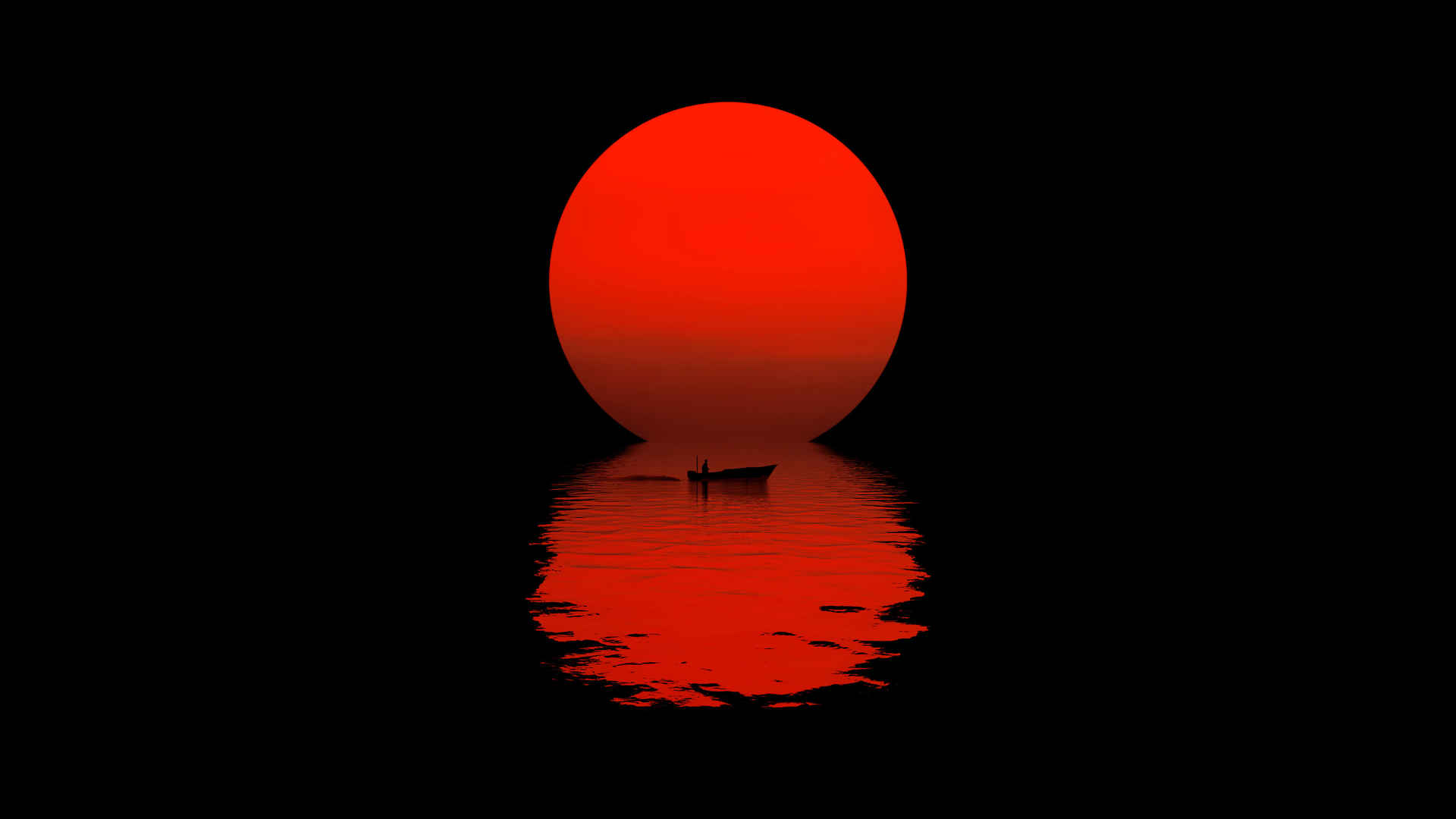 夜晚 日落 倒影 小船 简约红黑壁纸