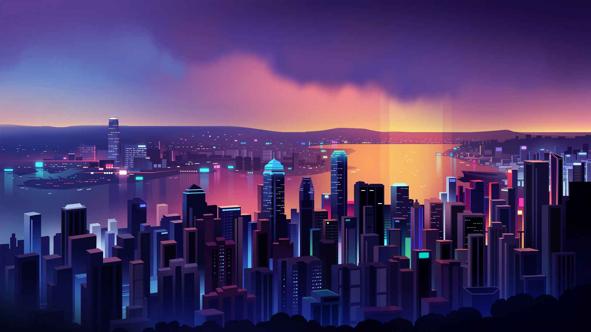 夜景二次元城市风景壁纸