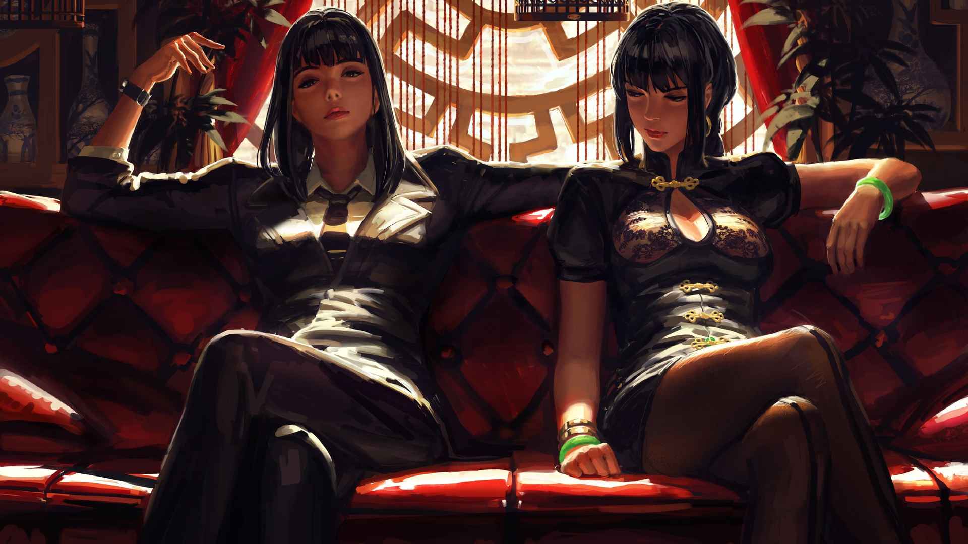 两个动漫女孩 坐着 中式连衣裙 连裤袜4k动漫壁纸