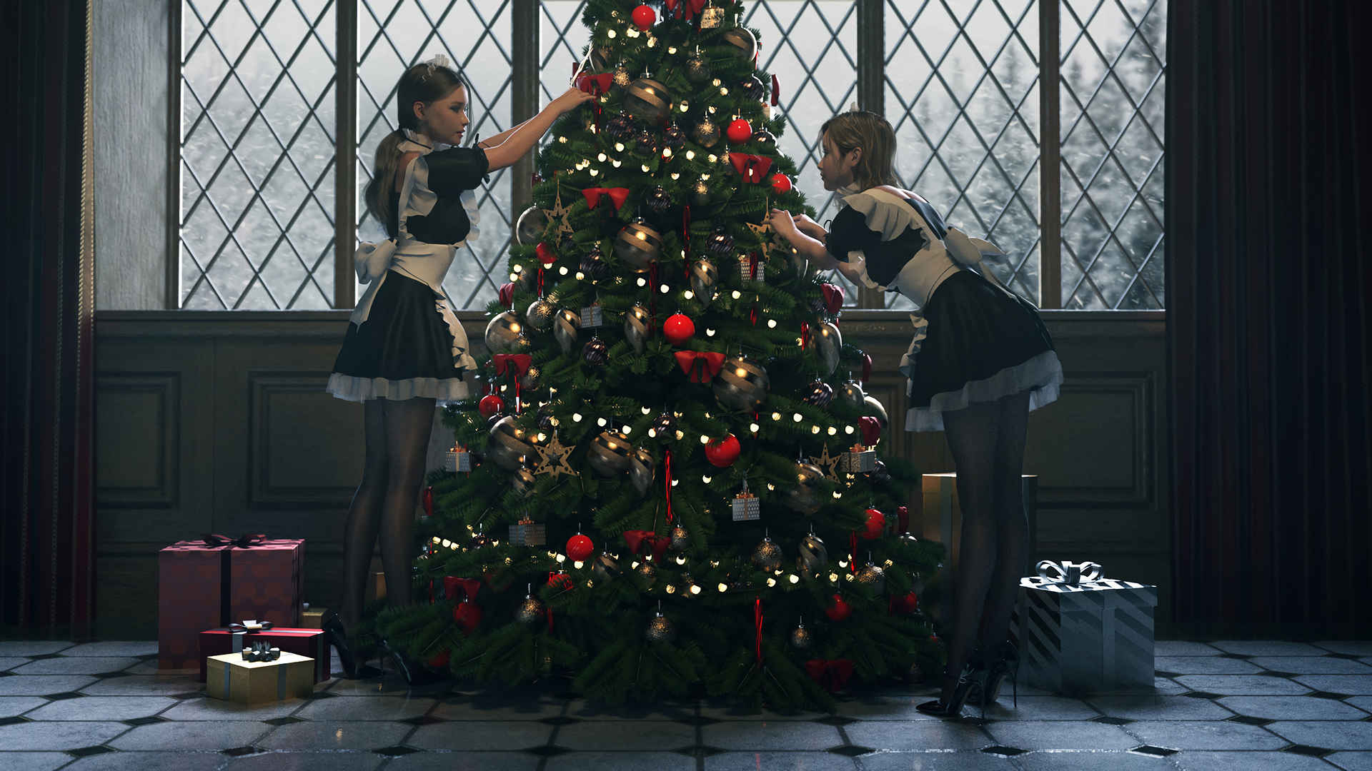 两个女仆 黑色丝袜 美腿 布置圣诞节 圣诞树