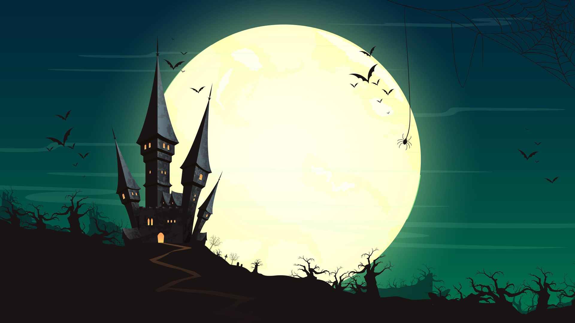 万圣节黑夜蝙蝠古堡月亮背景壁纸