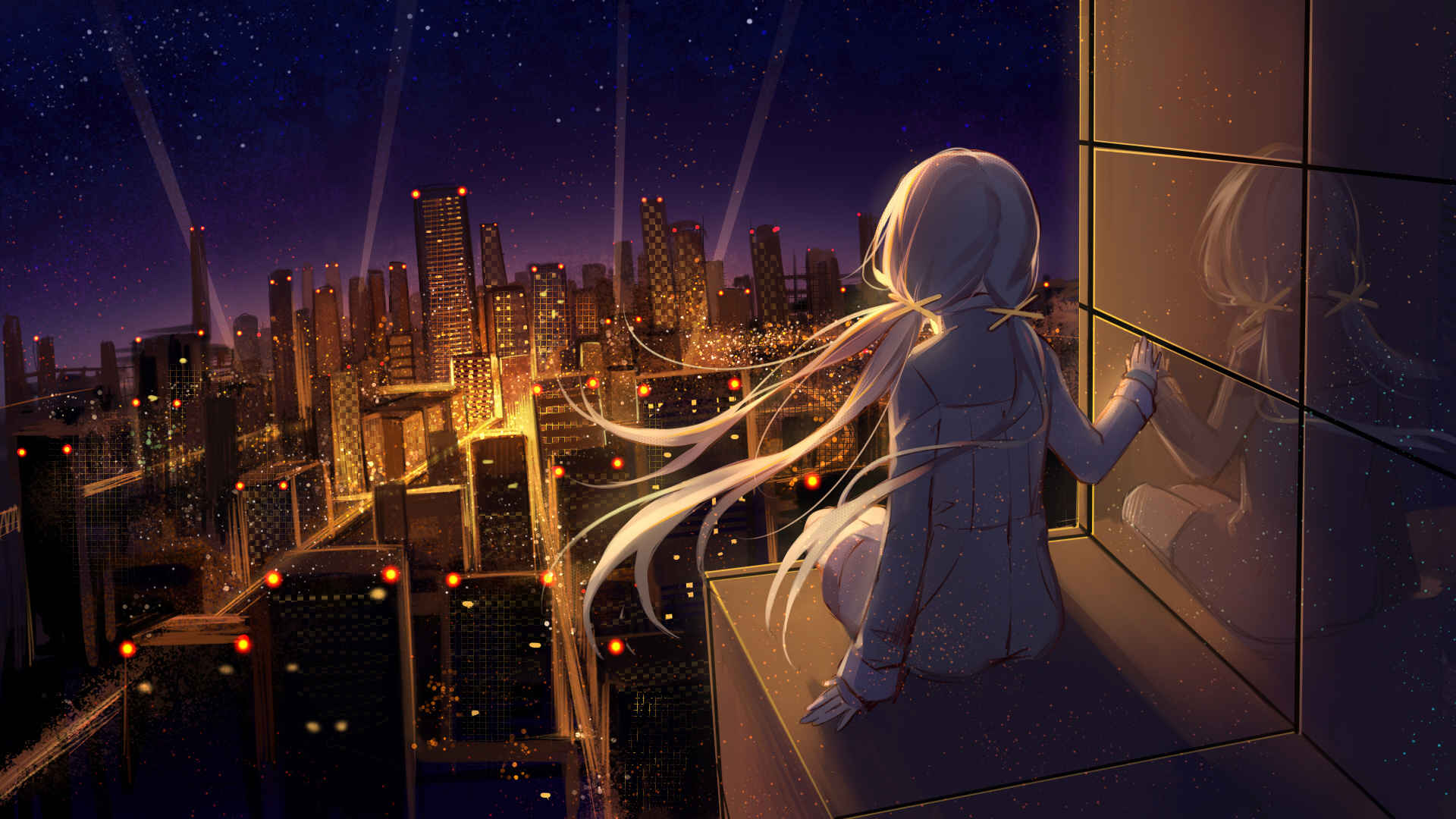 夜晚城市阳台上动漫女孩眺望远方壁纸-