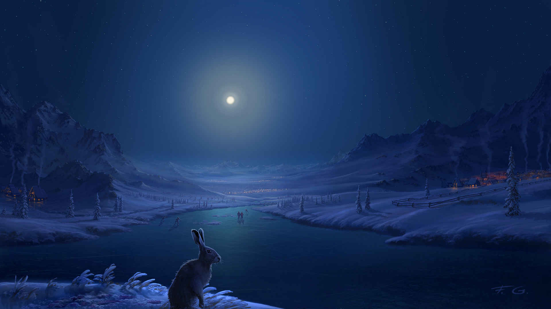 皓月当空雪景兔子壁纸-
