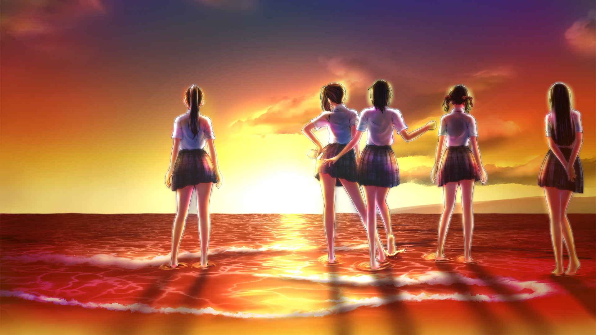 黄昏海边五个动漫女孩背影壁纸-