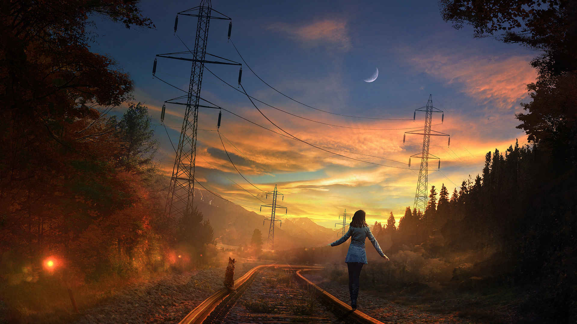 黄昏走在铁轨上的动漫美女和猫-