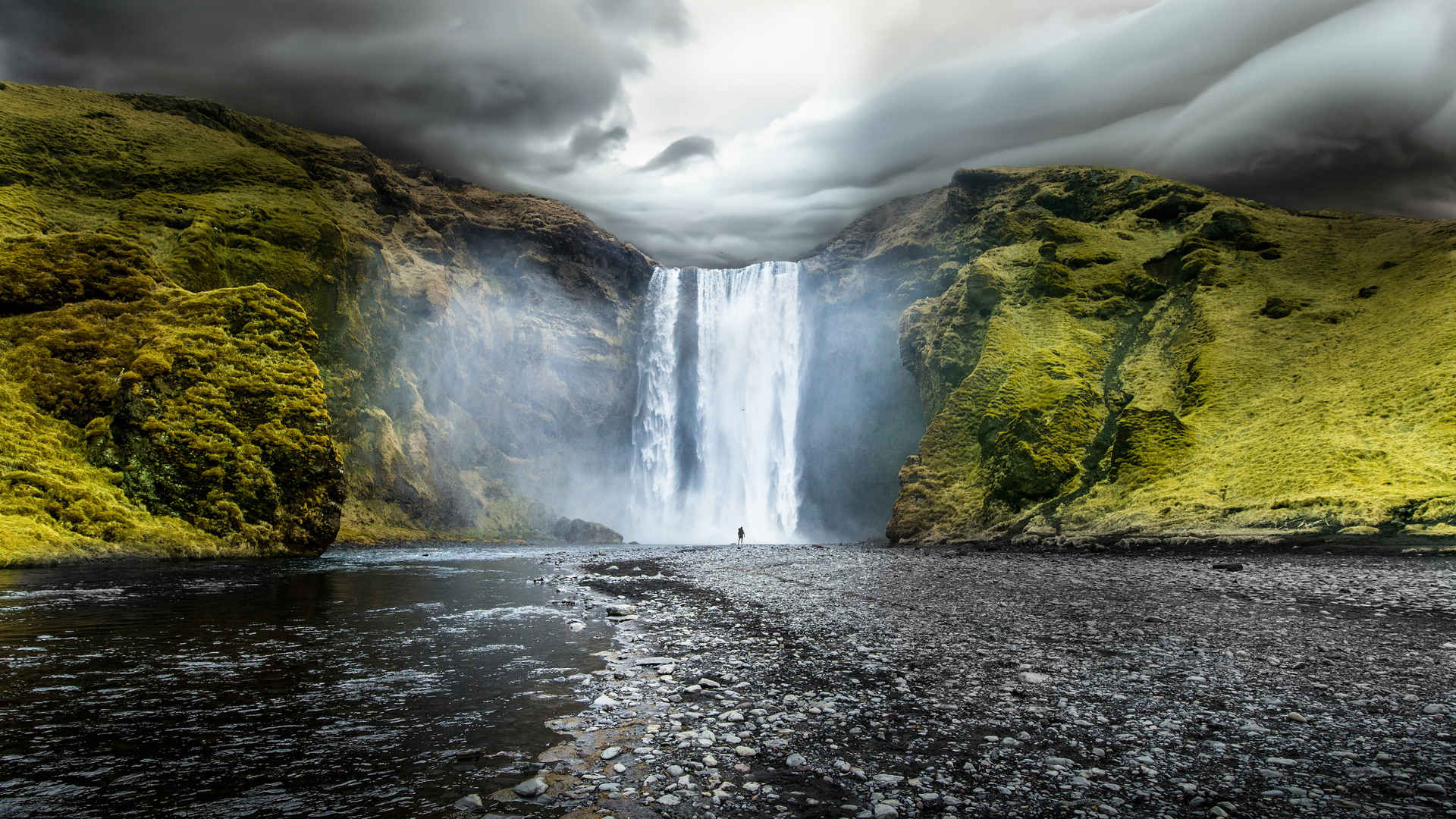 冰岛南部河上的瀑布风景