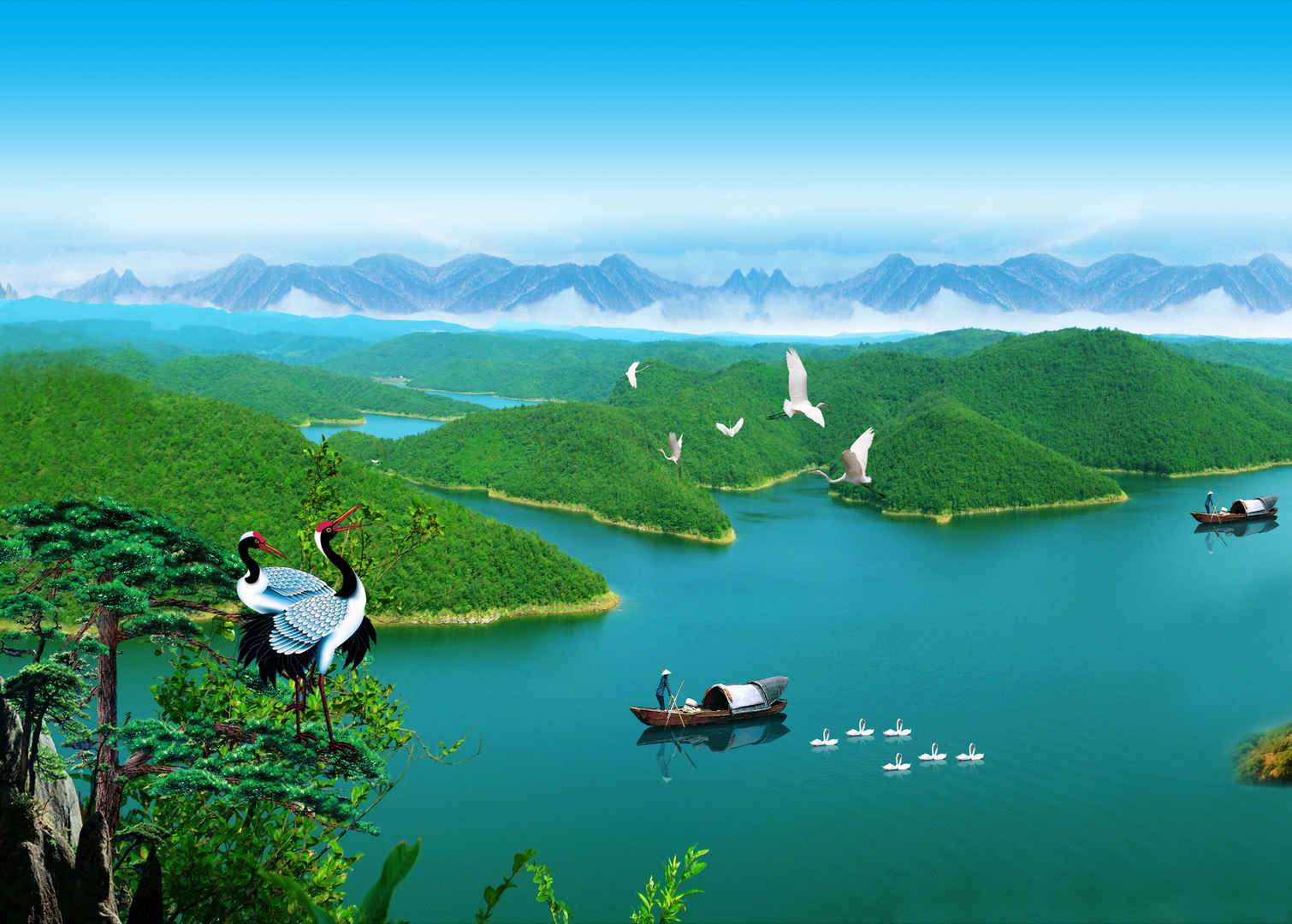 仙鹤山水绿色风景图片