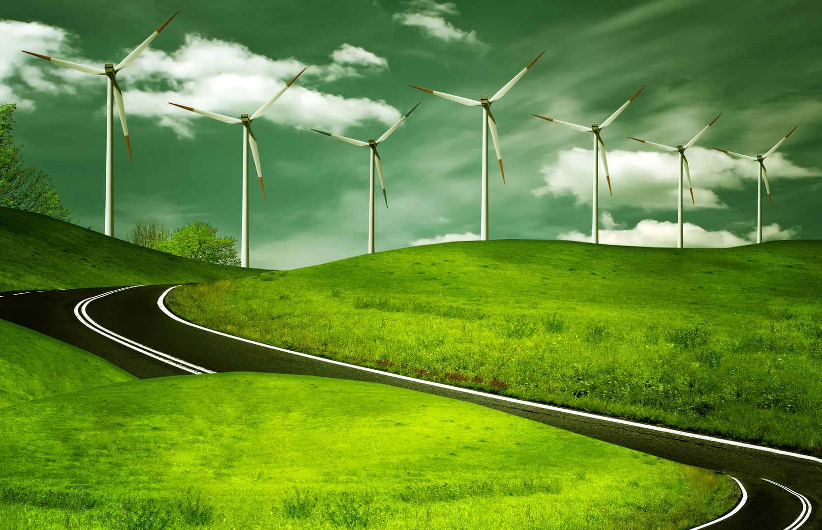 风力发电公路绿色风景壁纸