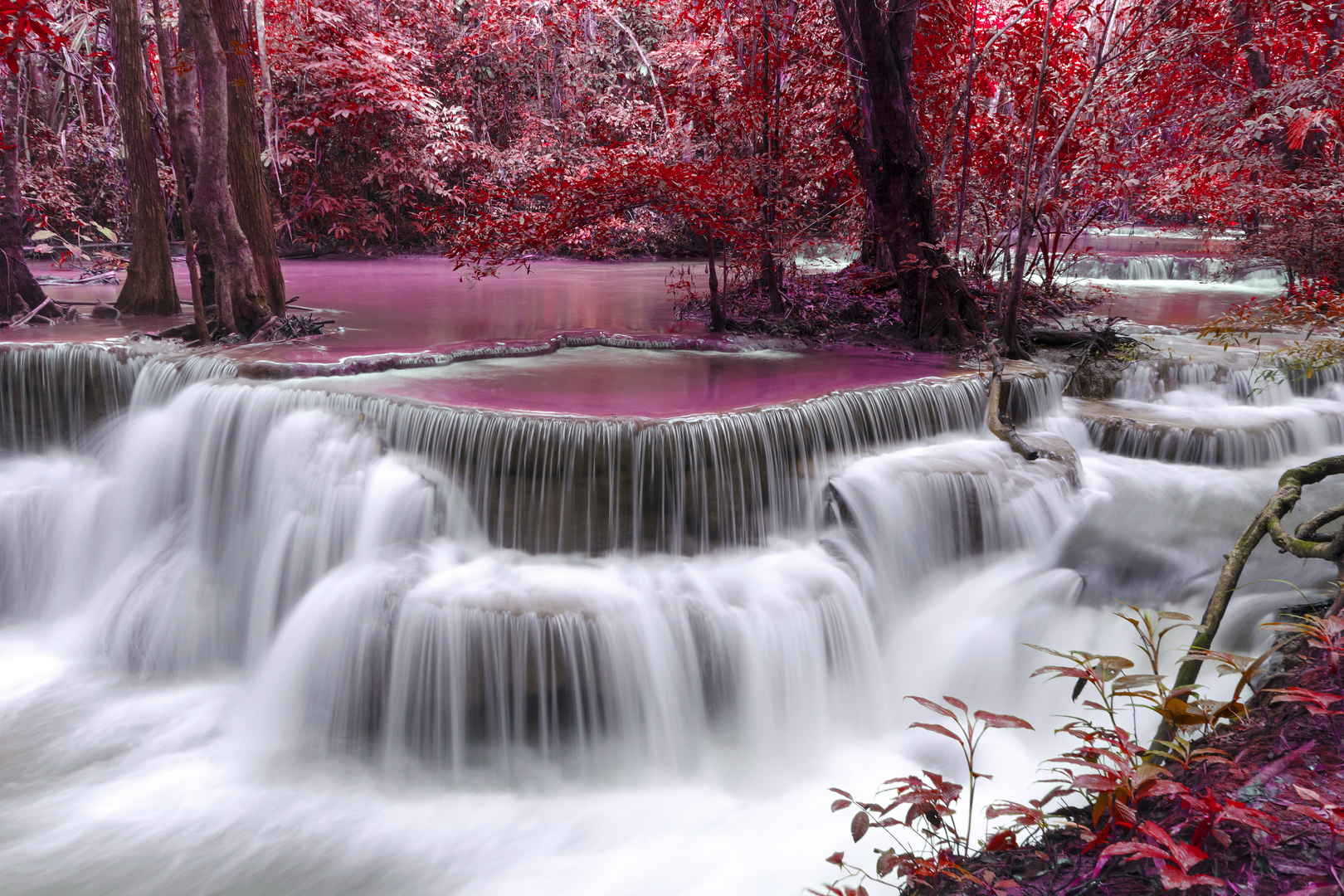 秋天瀑布紫红色树叶抖音唯美壁纸仙气满满