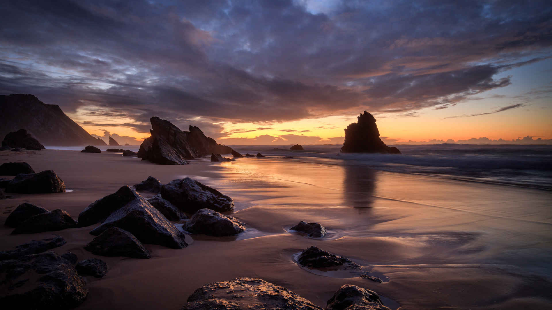 黄昏 夕阳 海滩 岩石3840x2160壁纸-