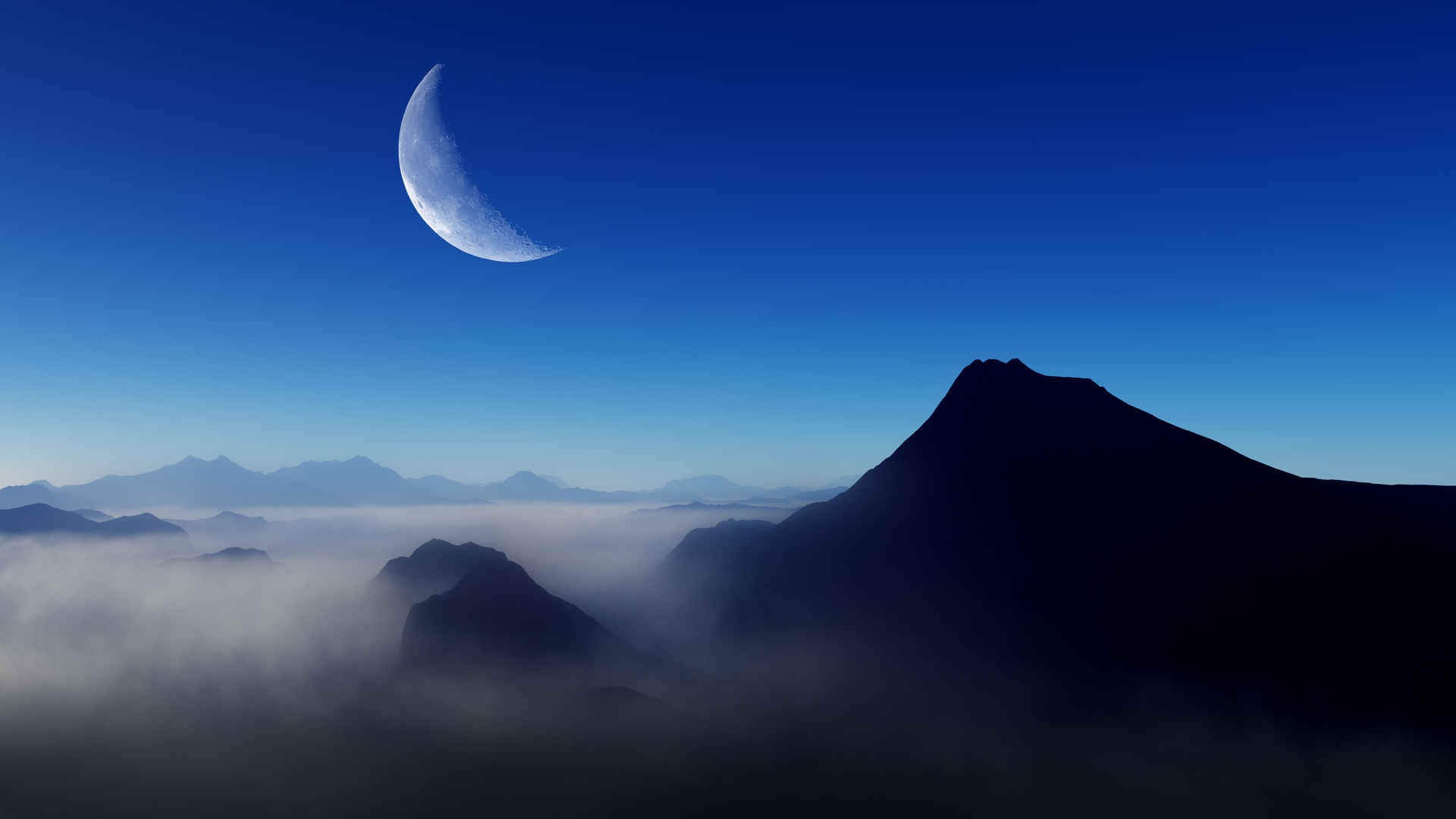 夜晚 山脉 雾 月亮壁纸-