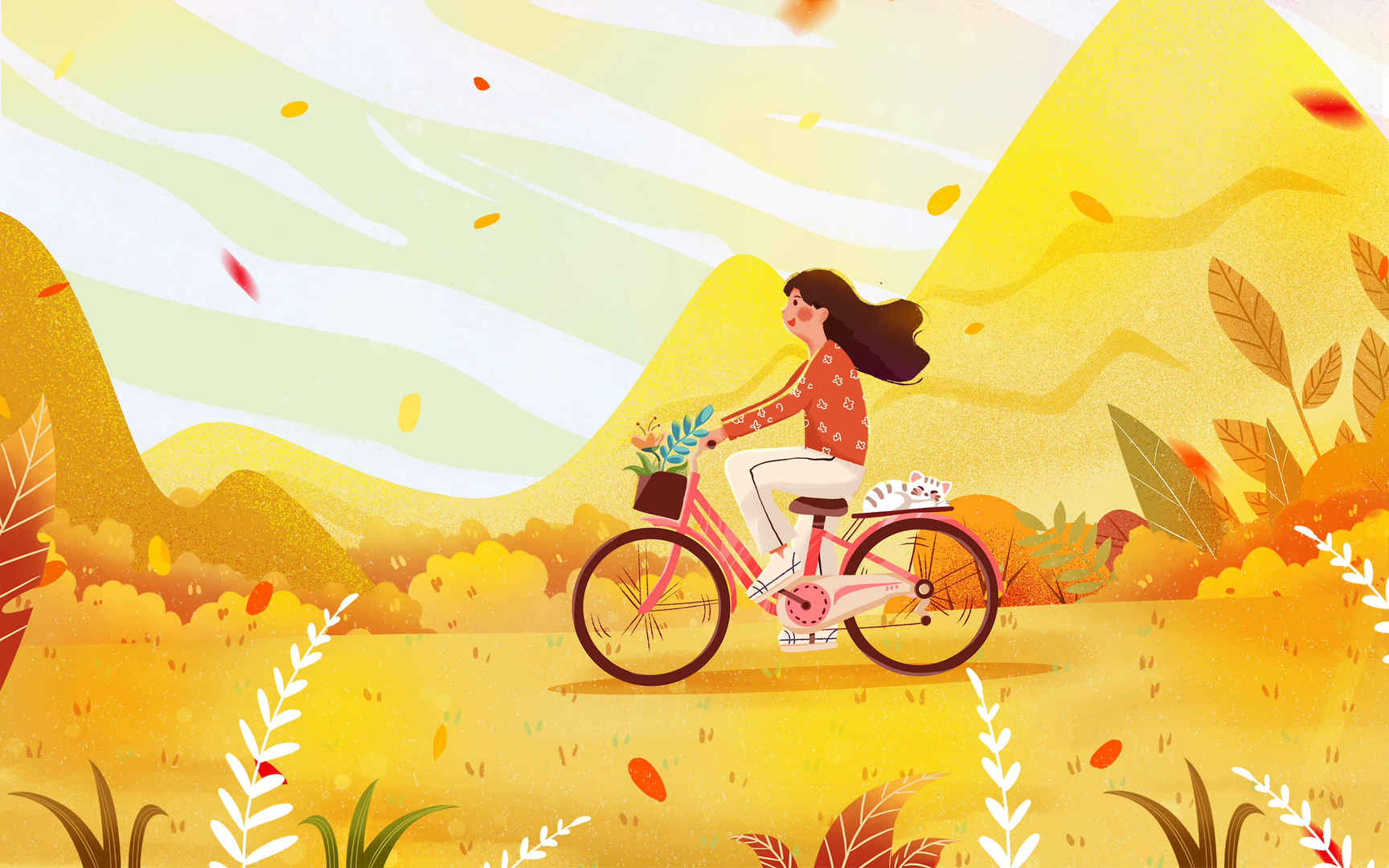 创意二十四节气立秋秋天季节传统节日芒种落叶骑自行车人物手绘插插画-