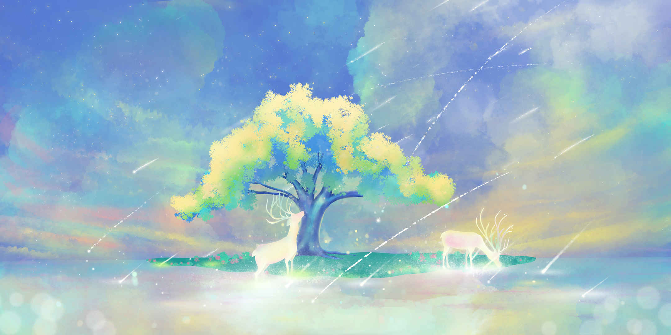 梦幻唯美手绘森林麋鹿星空素材背景