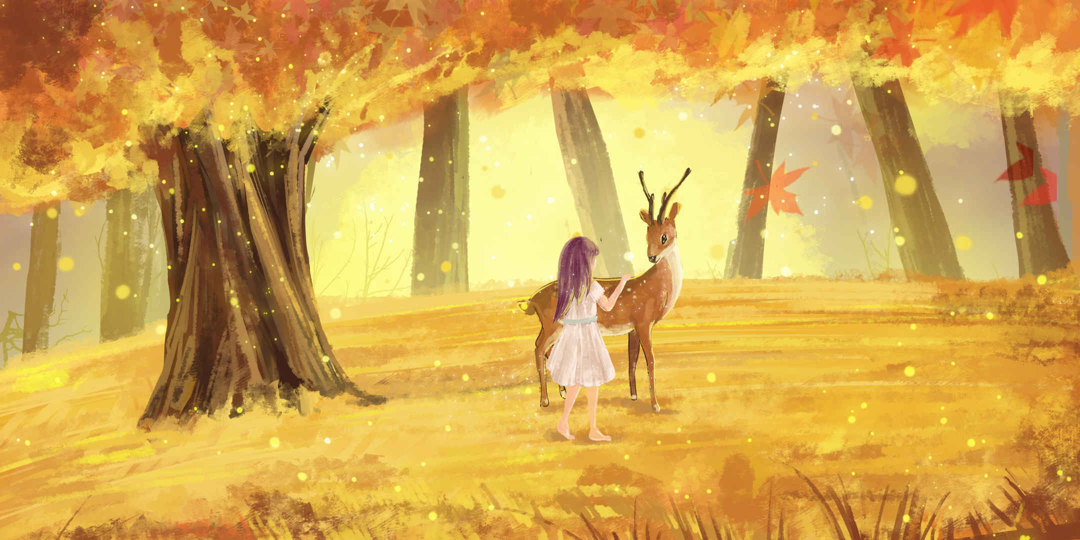 唯美森林女孩和鹿风景秋天插画背景