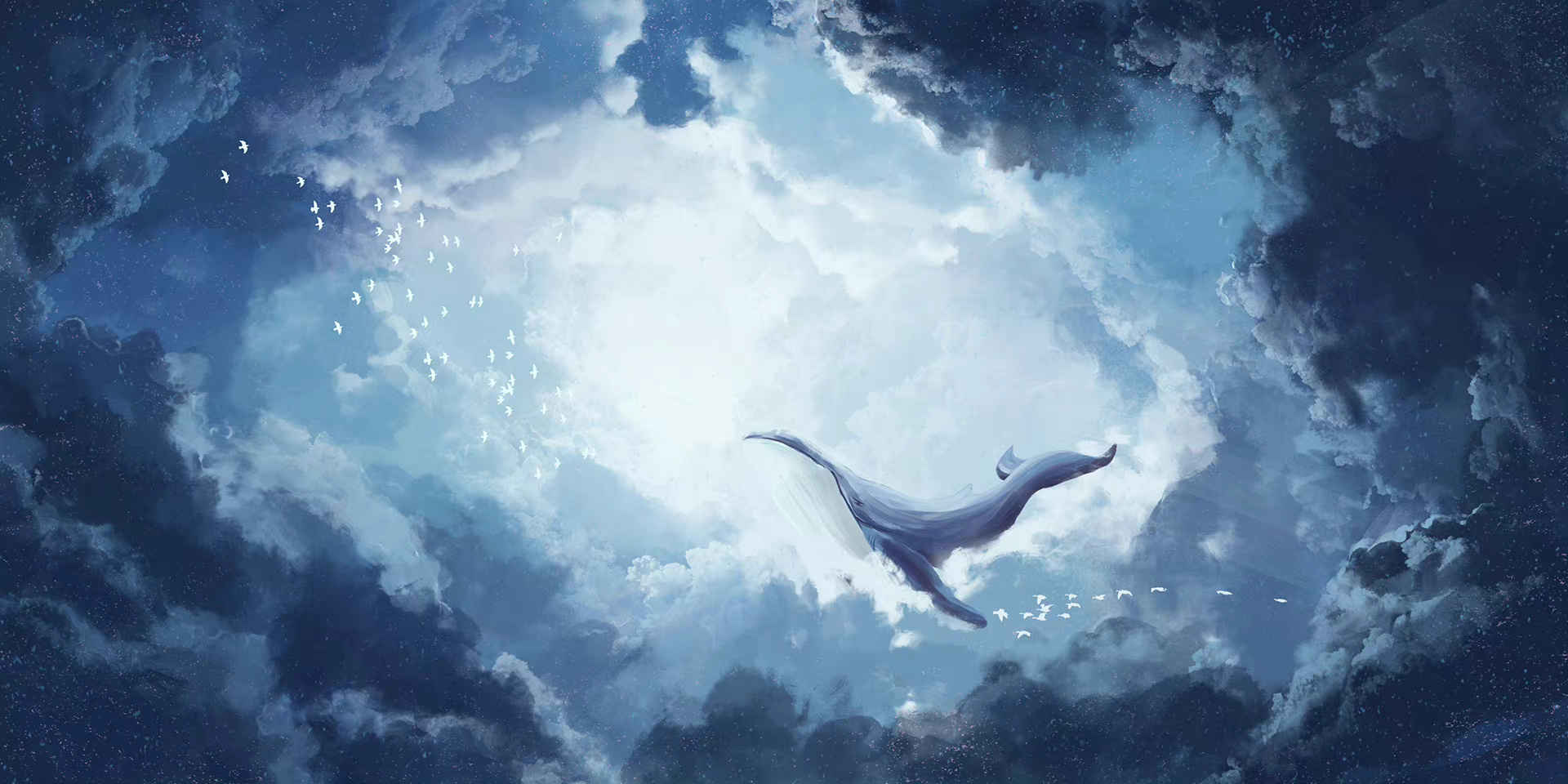 唯美梦幻天空飞鸟与鲸风景背景素材-