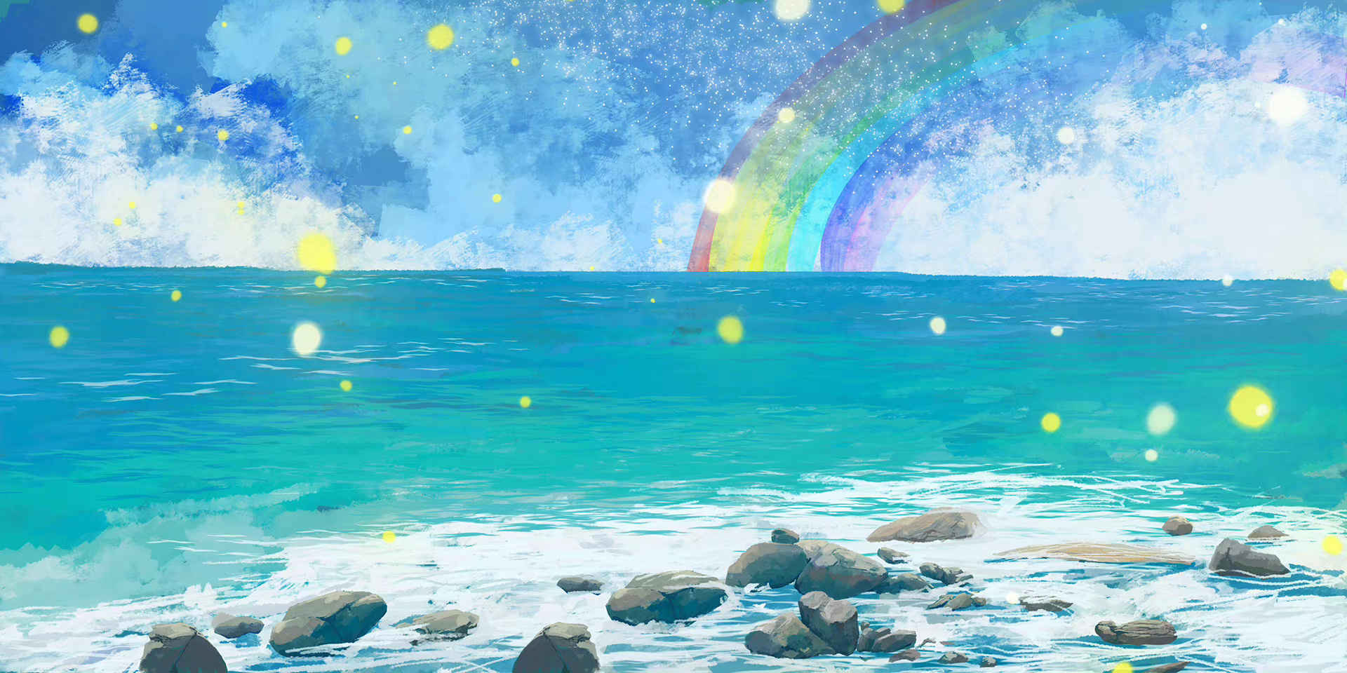 唯美梦幻手绘海洋彩虹清新风景插画素材-