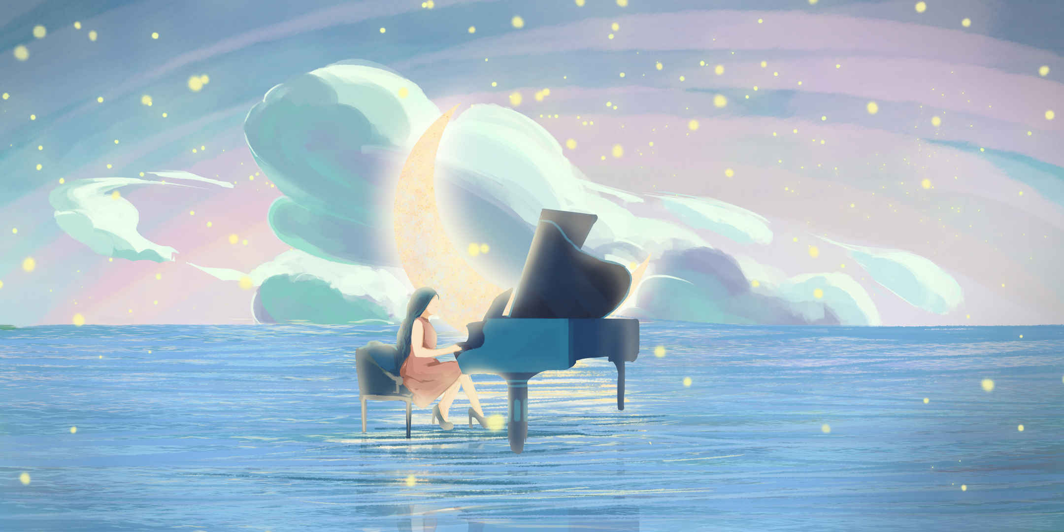 蓝色海边女孩钢琴独奏海报素材