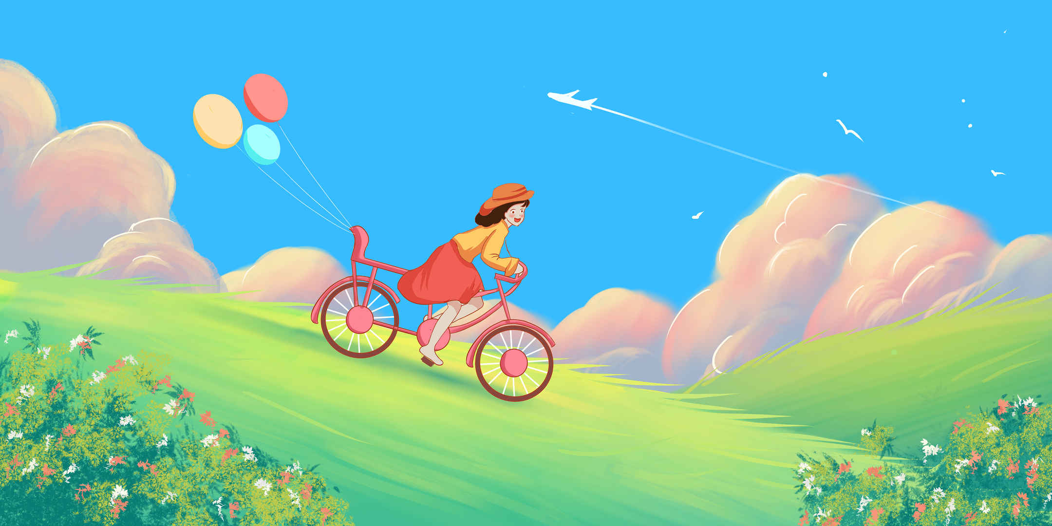 唯美立春蓝天白云草地下骑自行车的女孩插画