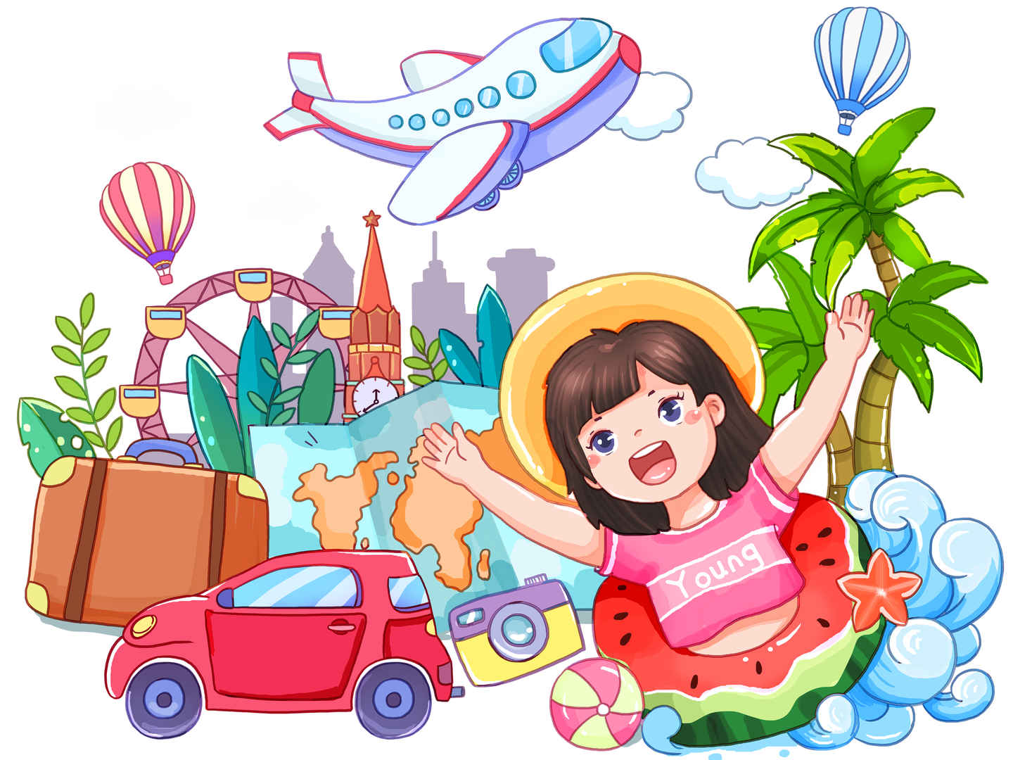 夏天暑假假期旅游夏令营出门游玩毕业旅行度假插画-
