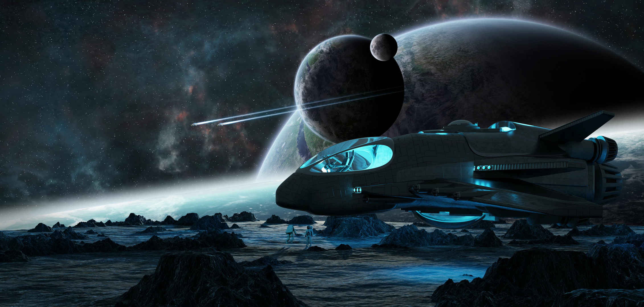 宇航员探索一颗小行星与未来的宇宙飞船-
