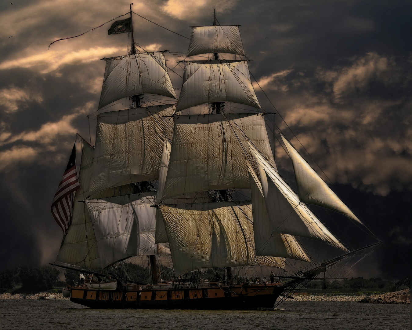 美国国旗帆船壁纸