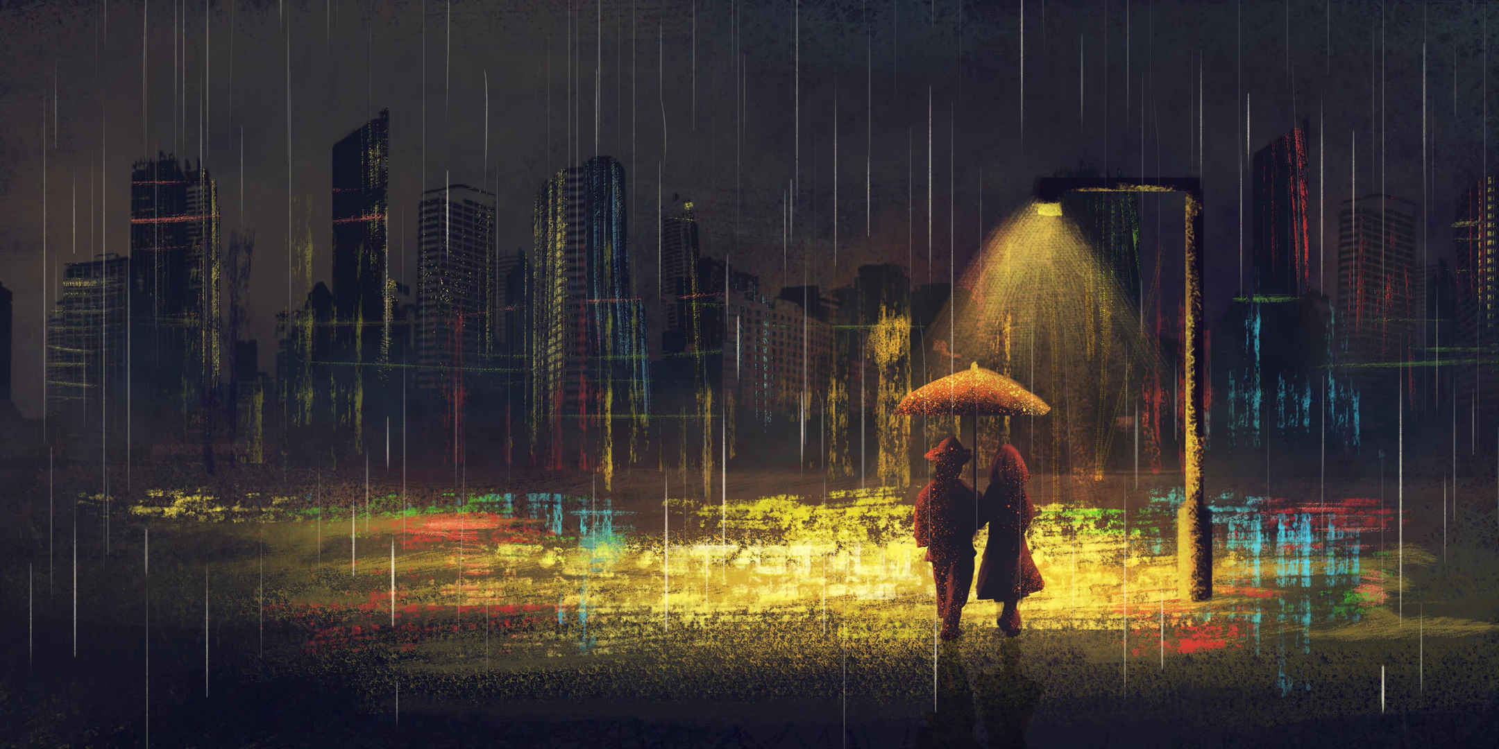 情侣夜雨中浪漫好看的油画图片