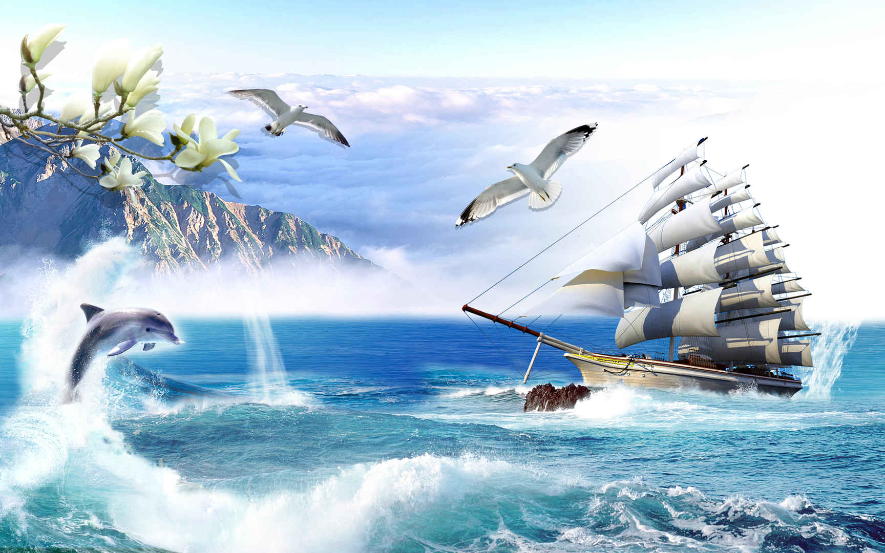 天空海洋山脉帆船海豚跳出水面壁纸