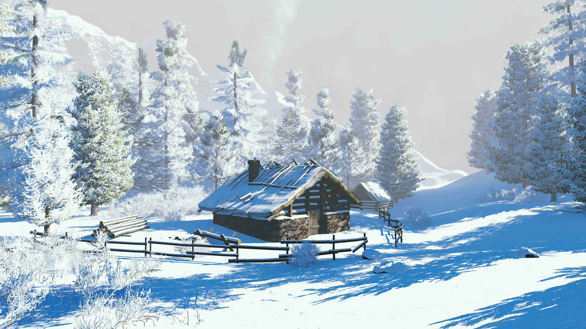 冬天阳光下山上的小木屋图片-